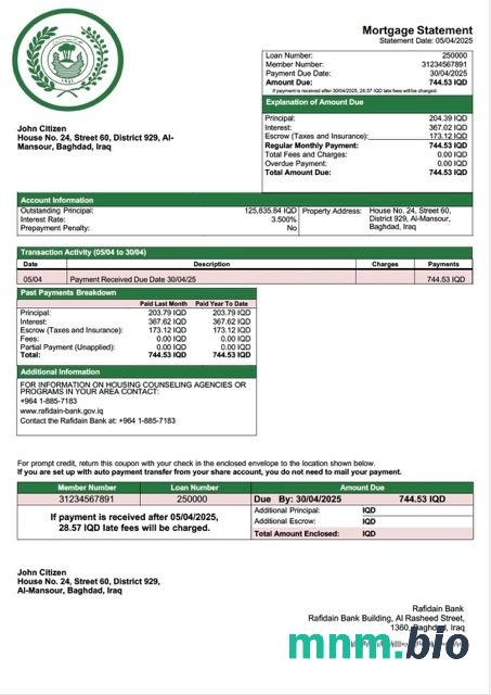 Irak Bank Rafidain wyciąg z kredytu hipotecznego szablon Word i PDF